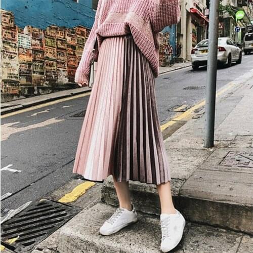 2020 High Waist Patchwork Skirts for Women Womens Skirt Pleated Velvet Spring Autumn Winter Velvet Pleated A Line Midi Skirt