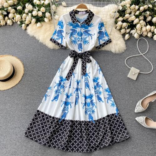 Banulin 2021 Fashion Women Clothing Runway Dress Animal Floral Print Elegant Short Sleeve Midi Shirt Dress With Belt N61150