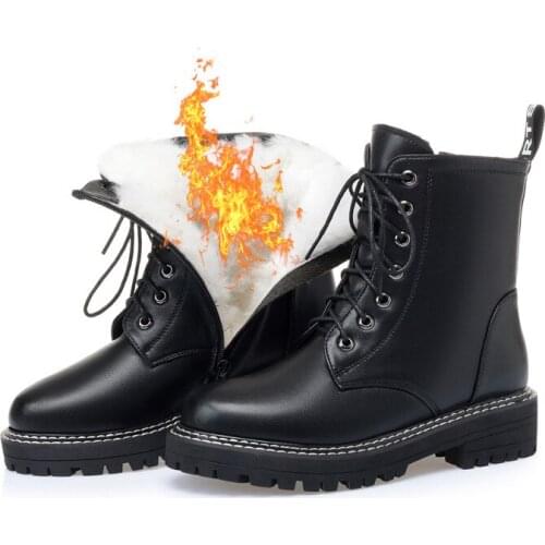 Top Cowhide British Style Lace-up Side Zipper Black Shoes Winter Boots Non-slip Thick Heels Warm Cotton Boots Women Snow Boots
