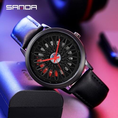 SANDA 2021 Direct Sales New Mens Brand Watch Quartz Car Contour Mens Leather Watch Waterproof Sports Fashion Wheel Watch P1060