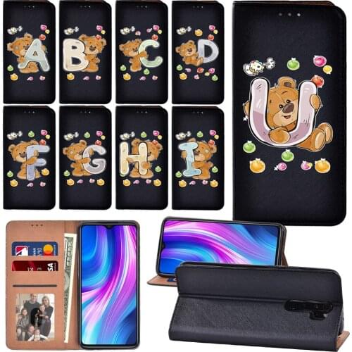 Flip Case for Redmi Note 8T/8 Pro/9/9S/9 PRO/9 PRO MAX/10X (4G) Initial Name Bear Pattern Luxury Phone Cover Case