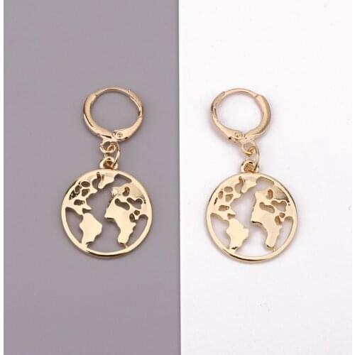 Dayoff 1Pair Unique Hollow Earth Map Hoop Earrings Women Korean Gold Silver Color Irregular Round Pendant Earrings Jewelry E247