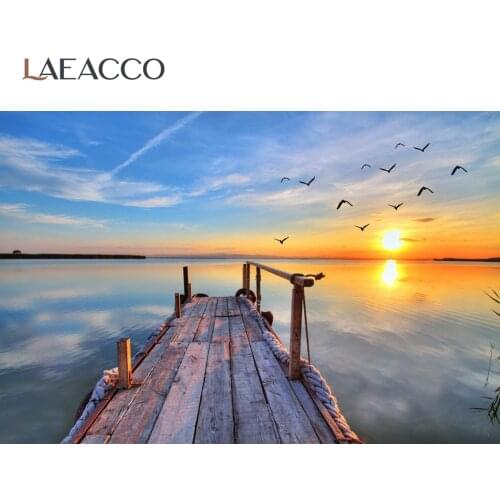 Laeacco Sunset Wooden Bridge Sea Port Bird Blue Sky Natural Scenic Photography Background Photo Backdrops Photo Studio Photocall