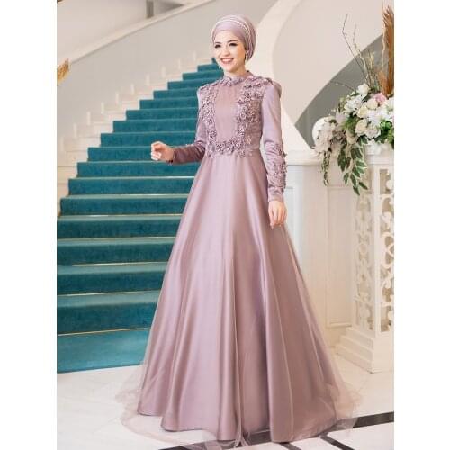 Hijab Evening Dress Women Engagement Special Design Islamic Muslim Clothing Embroidered Dried Rose Color New Season Turkey