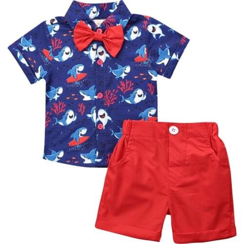 2Pcs Summer Outfits For Toddler Baby Kids Boy Gentleman Cartoon Shark Print Shirt Tops+ Sheer Shorts Childrens Clothes Set