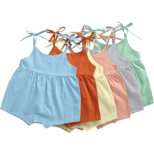 Baby Girls Summer Clothing Cute Solid Sleeveless Bodysuits Cotton Linen Jumpsuits Strap Playsuits 0-12M