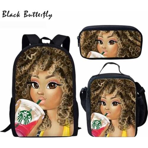 Fashion School Bags 3pc/Set Black Art Girl Magic Pattern School Bags Favorite Star Design Shoulder Book Bag Afic Lady Backpack