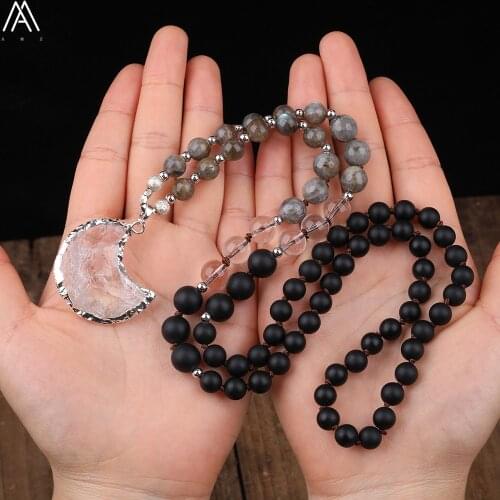 Natural White Crystal Moon-Shape Pendant 8mm Matted Black Agates Labradorite Beads Knot Handmade Necklace Meditation Jewelry