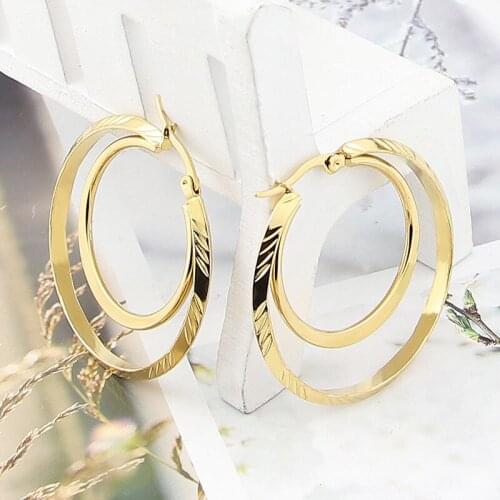 New Fashion Double Circle Slash Geometry Earrings Stainless Steel Jewelry Ladies Party Wedding Love Gift Wholesale