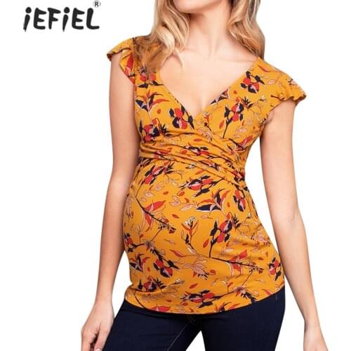 Pregnancy Clothes Maternity Nusring Tops V-neck Flying Sleeve T-Shirt Floral Blouse Pregnant Women Breastfeeding Tee Tops Shirts