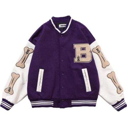 Autumn Winter Jacket Men Retro Baseball Jackets Coats Furry Bone Towel Embroidery Print Patchwork Color Block Hommes Veste M-XXL