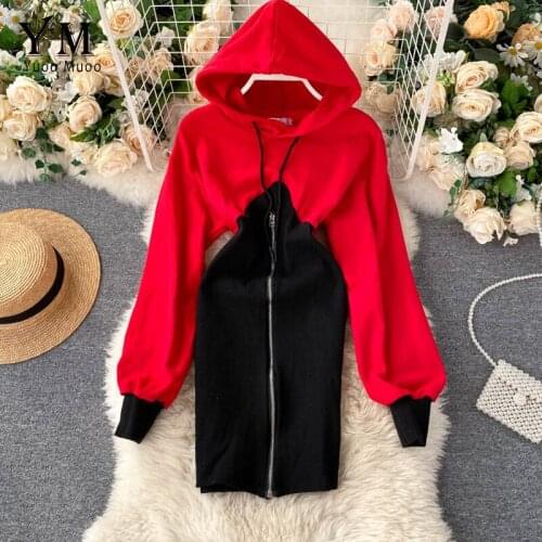 YuooMuoo Casual Hooded Women Dress 2020 Autumn Streetwear Fashion Black Red Color Patchwork Hoody Short Dress Zipper Bodycon