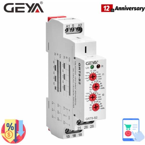 GRT8-S Asymmetric Cycle Timer Relay SPDT 220V 16A AC/DC12V-240V Electronic Repeat Relay GEYA