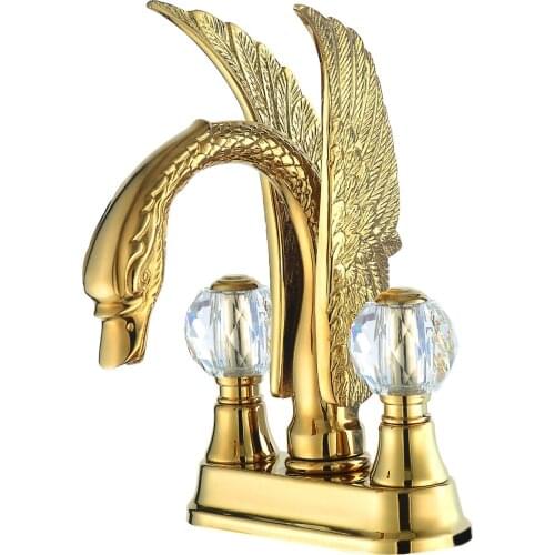 Swan Sink Faucet mixer tap solid Brass PVD ti- Gold 4" Center Hole crystal handles deck mounted
