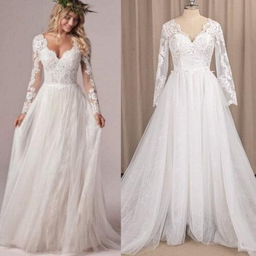 Long Sleeve V-Neck Lace A-Line Boho Wedding Dress Sweep Train Robe De Mariee Cheap Birdal Dress