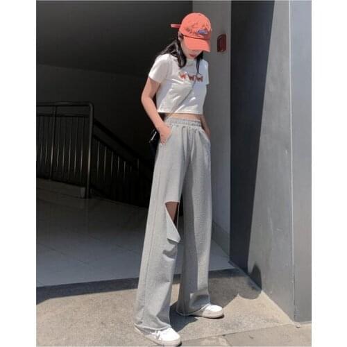 Light Grey Hole Women SweatSports Pants Autumn Women High-waist Women Pants Casual Women Trousers Pants Running Jogger Pants