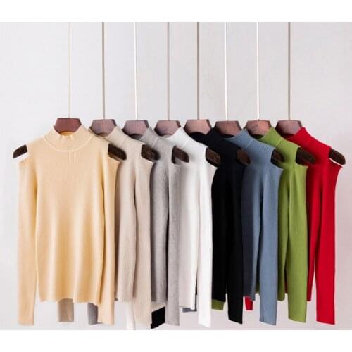 Spring Autumn Long Sleeve Sweater Womens Turtleneck Cold Shoulder Tops High Neck Solid Color Fashion Casual Sexy