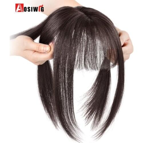 AOSI Top Hair Topper Silk Straight With Bangs Synthetic Clip In Hair Extension Natural Fake Hairpiece Overhead Cover White Hair