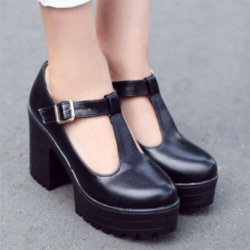 T Strap High Heels Platform Shoes Mary Jane Block Heel Shoes 2020 Round Toe Buckle Strap Dress Office Work Shoes Large Size 12