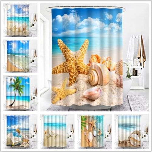 Starfish Conch Poster Waterproof Bathroom Shower Curtains Seaside Beach Scenery Fabric Bath Screen Bathroom Decoration 150/180cm