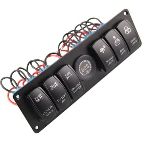 Waterproof 6 Gang Car Marine Boat LED Toggle Rocker Panel Switch, Dash ON/Off LED Backlit w/ Voltmeter - Blue Light