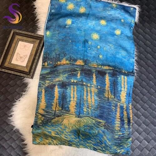 [BYSIFA] New Luxury Brand Pure Silk Scarf Shawl Women Fashion Accessories Spring Fall Lake Blue Stars Oil Painting Long Scarves