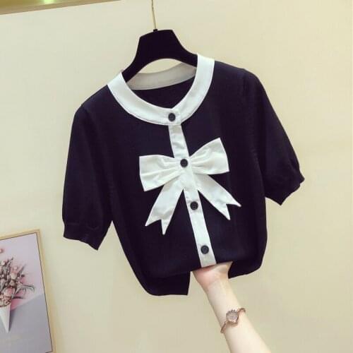 Fashion O collar Bow stitching sweater bottoming shirt womens thin pullover 2021 summer Ice silk Short sleeve Cardigan
