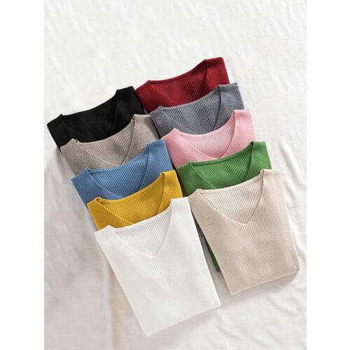 Zoki Sexy V Neck Women Pullover Sweater Fashion Autumn Winter Long Sleeve Knitted Jumper Top Casual Korean Slim Basic Blouse