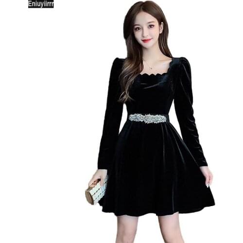 Women 2021 New Year Winter Spring A Line Cute French Black Elegant Party Mini Velvet Dress