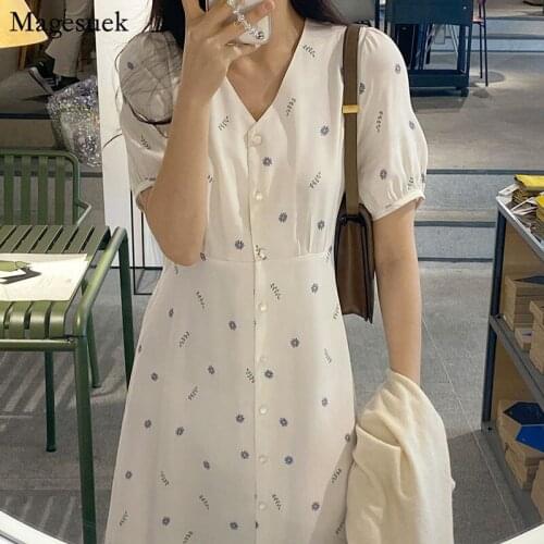 V-neck Floral Print Summer Dress Women Plus Size Embroidery Casual Midi Dress Single Breasted Female Short Sleeve Dresses 14888
