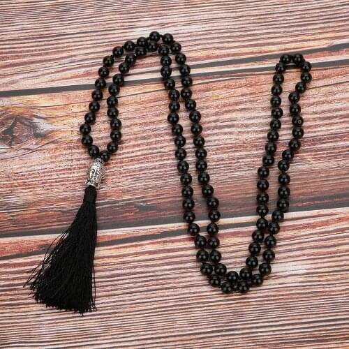 108 Mala Black Onyx Beaded Knotted Semi-Precious Stone Japamala Jewelry Meditation Yoga Buddha Head Tassel Necklace