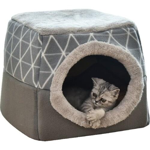 2 In 1 Cat Tent Cave Bed Soft Indoor Enclosed Covered Pet House Cozy Cat Kitten Sleep Beds for Dog Puppy with Removable Cushion