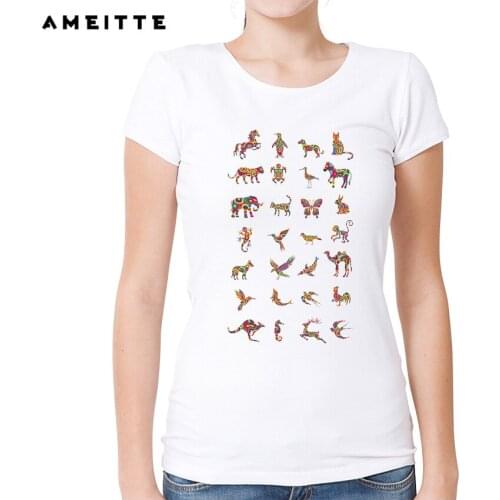 2019 AMEITTE Fashion Colorfully Animals Printed T-Shirt Womens Summer Casual Short Sleeve Tee Tops Camisetas