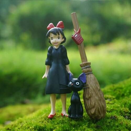 3pcs Miniature Small Fairy Girl Broom and JiJi Black Cat , Fairy Garden Supplies Terrarium DIY Accessories Animals Figurines