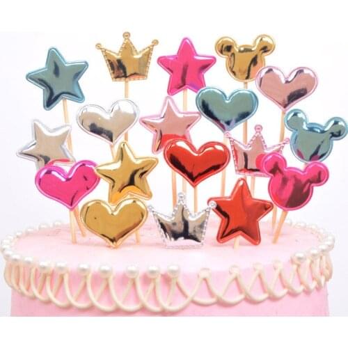 5pcs Happy Birthday Cake Toppers PU Heart Shape Crown Star Insert Cards Wedding Cupcake Topper Birthday Party Cake Decorations