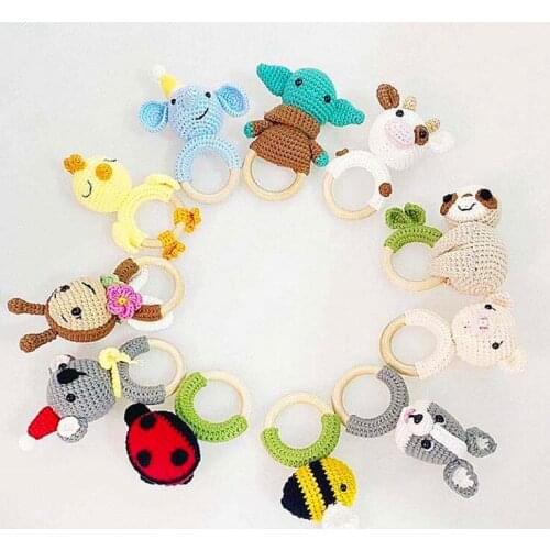 Cute Handmade Crochet Animal Teething Rattle Safe Bell Infant Chewable Teether Rattle Newborn Gift