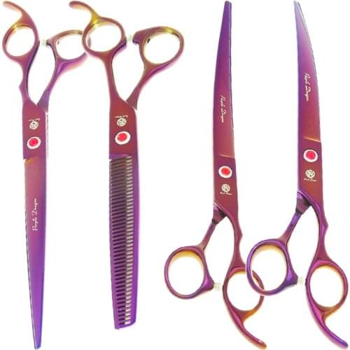 Purple Dragon Professional Grooming Scissors for Pets 8.0" Dogs Hair Straight Curved Cutting Shears 7.5" Thinning Scissor B0045B