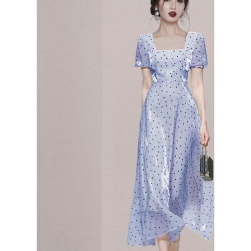 French Elegant Chiffon Polka Dot Print Party Dress 2021 Retro Summer Women Square Collar Female Lady Office OL High Waist Dress