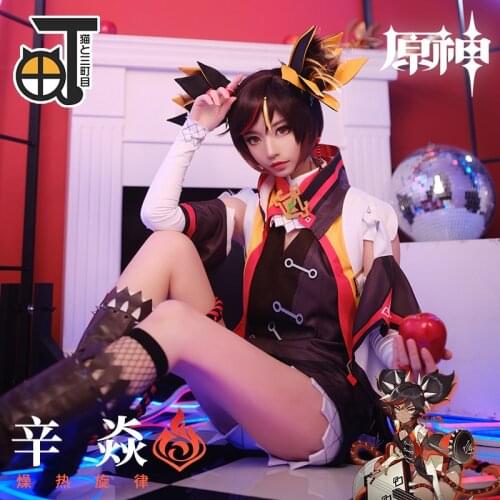 Genshin Impact Xinyan Cosplay Costume Wig Anime Cute Style Dress Girl Halloween Party Uniform Full Set