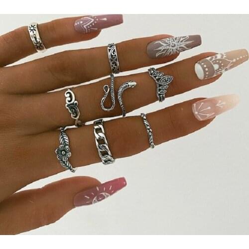 8PCS/Set Vintage Silver Color Snake Flower Joint Ring for Women Flowers Chain Knuckle Geometric Wedding Ring Set Jewelry