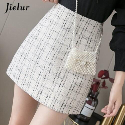 Jielur Women Skirt A-line Slim High Waist Zipper Autumn Winter Black Mini Skirts Womens Chic Saia Faldas Korean S-XL Plaid Skirt