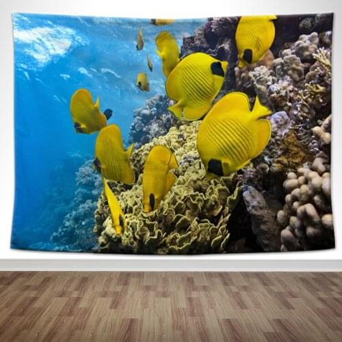 Ocean World Tapestry Ocean Beach Wall Hanging Water Landscape Decoration Blue Ocean Tropical Fish Blanket Polyester Handmade