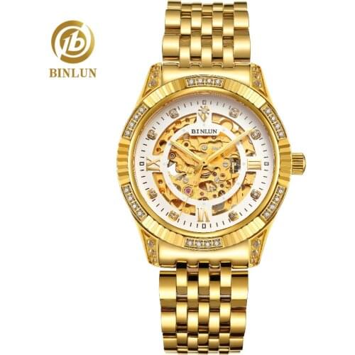BINLUN Golden Dial Diamond Classic Mens Watches Automatic Mechanical Waterproof Wristwatch For Men Top Brand Luxury Watch