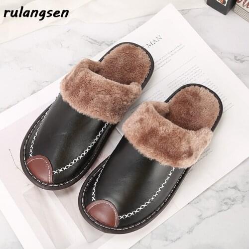 Mens Slippers Winter New PU Leather Slippers Indoor Warm Slippers Waterproof Non-Slip Home Shoes Mens Warm Leather Slippers