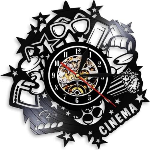 Cinema Sign Wall Clock Movie Theater Now Showing Vintage Vinyl Record Wall Clock Pop Corn Drinks 3D Glass Home Cinema Movie Deco