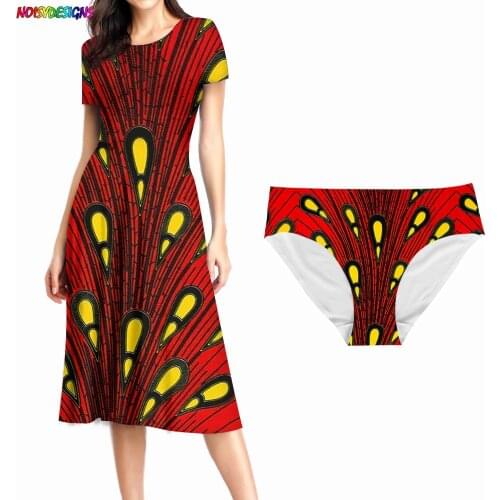 NOISYDESIGNS Peacock Feathers Ankara African Print Summer 2021 New Loose Short Sleeve T-shirt Red Dress Women And Underpants
