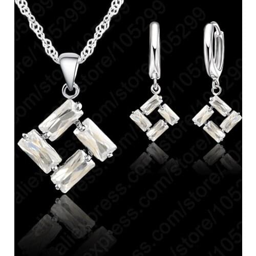 New Design European Style 925 Sterling Silver Jewelry Set Geometry Crystal Wedding Necklace Earrings Set