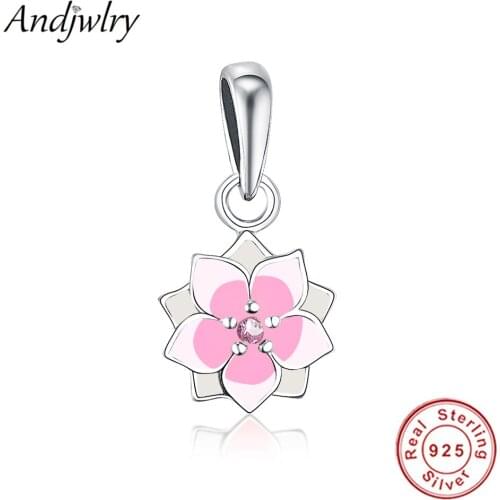 Fit Original Pandora Charm Bracelet 925 Sterling Sliver Pink Flower Pendant Charms Bead for DIY Necklace Jewelry Berloque