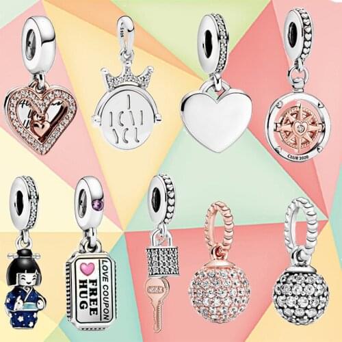 S925 Silver 2020 New Compass Dangle, Freehand Heart Dangle, Love Coupon Dangle Charm Valentines Day Women DIY Bracelet Jewelry