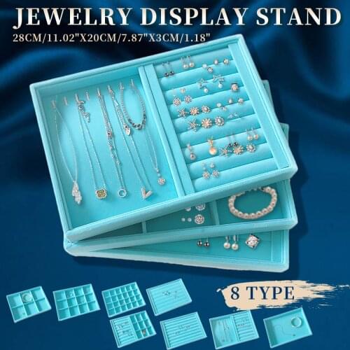 Blue Velvet Jewelry Ring Display Organizer Case Tray Holder Necklace Earrings Bangle Storage Box Showcase Jewelry Stand Holder